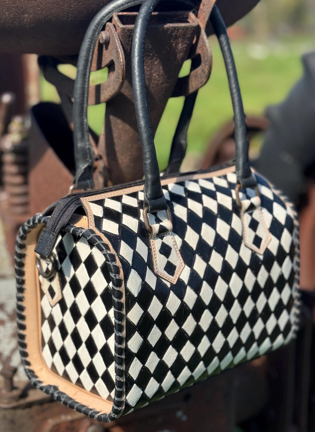 Black and White Speedy Checkered Genuine Western Cowhide Leather Purse